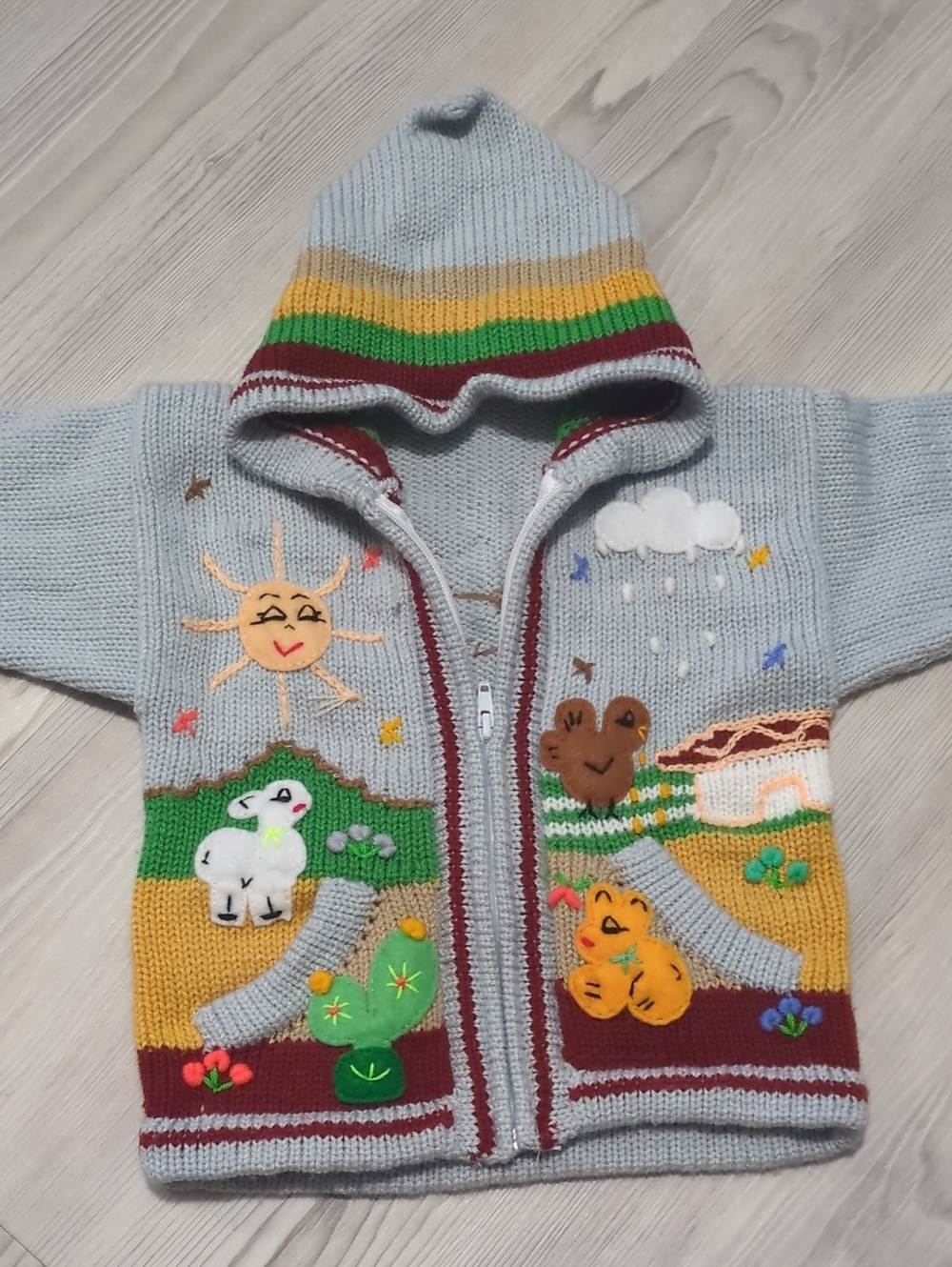 Albinaas Peruvian Knit Kids Hooded Sweater 3D Animals Cactus Zip